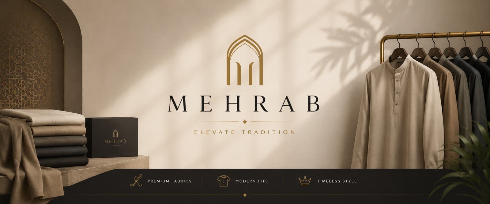 MEHRAB — Elevate Tradition: kameez on an atelier rail beside folded fabrics