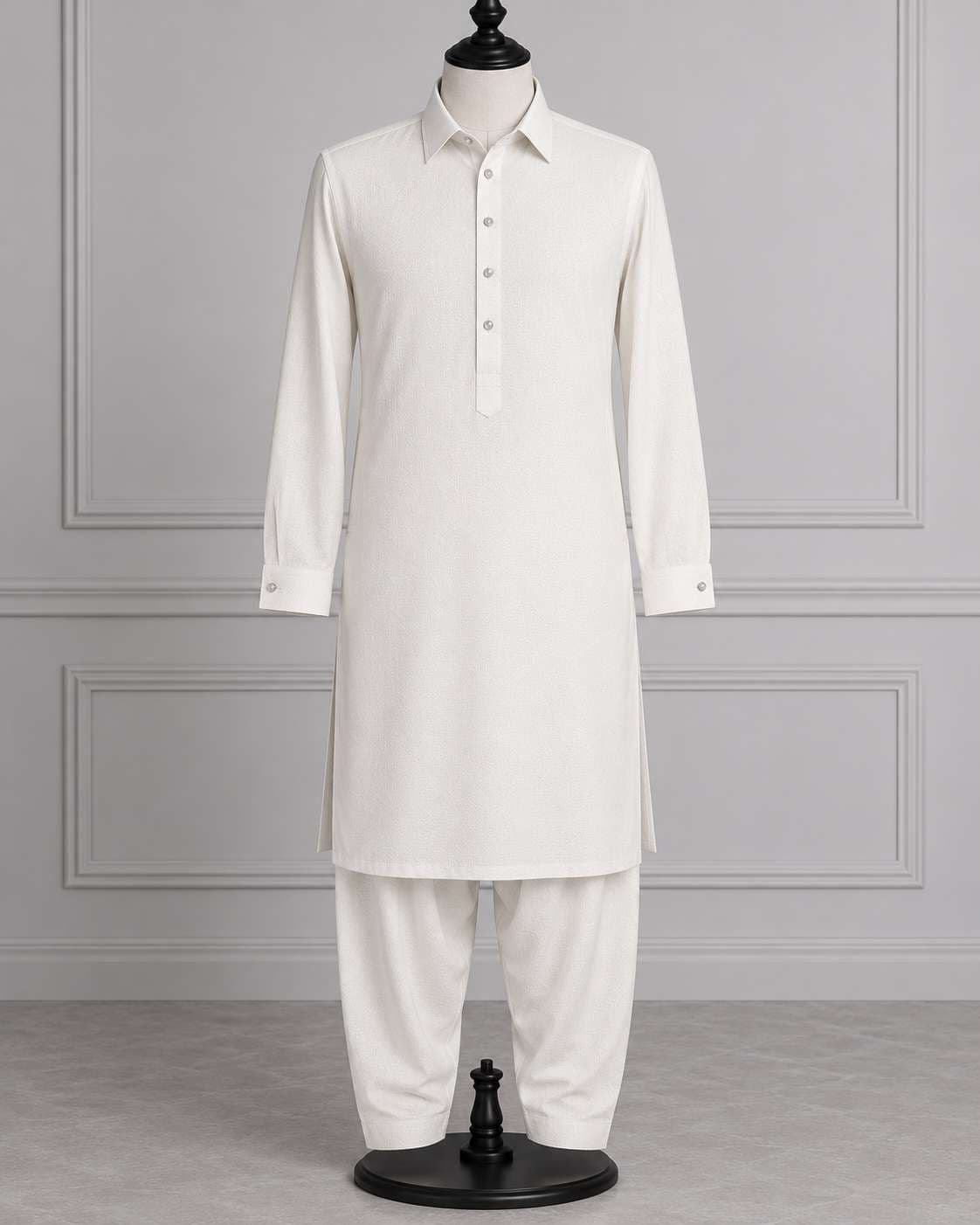 Mehrab Signature Textured Off White Shirt Collar Shalwar Kameez