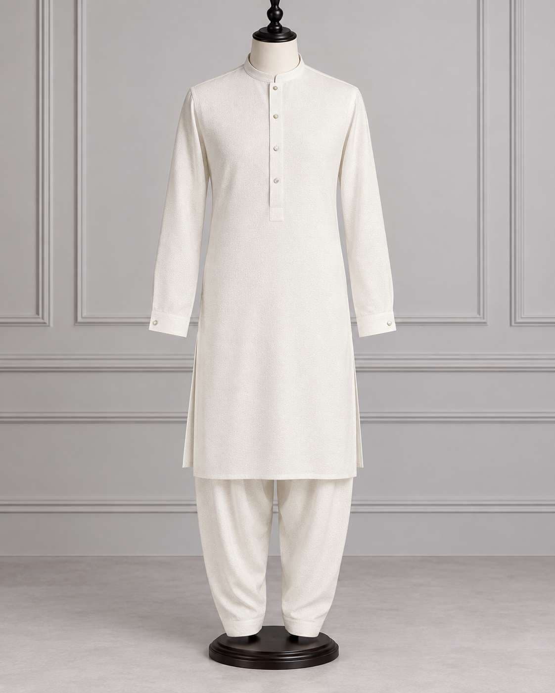 Mehrab Signature Textured Off White Sherwani Collar Shalwar Kameez